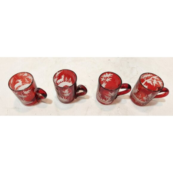 Vtg Set of 4 Bohemian Flash Glass Red Etched Deer Miniature Shot Mugs 1.75" Tall - Picture 4 of 12